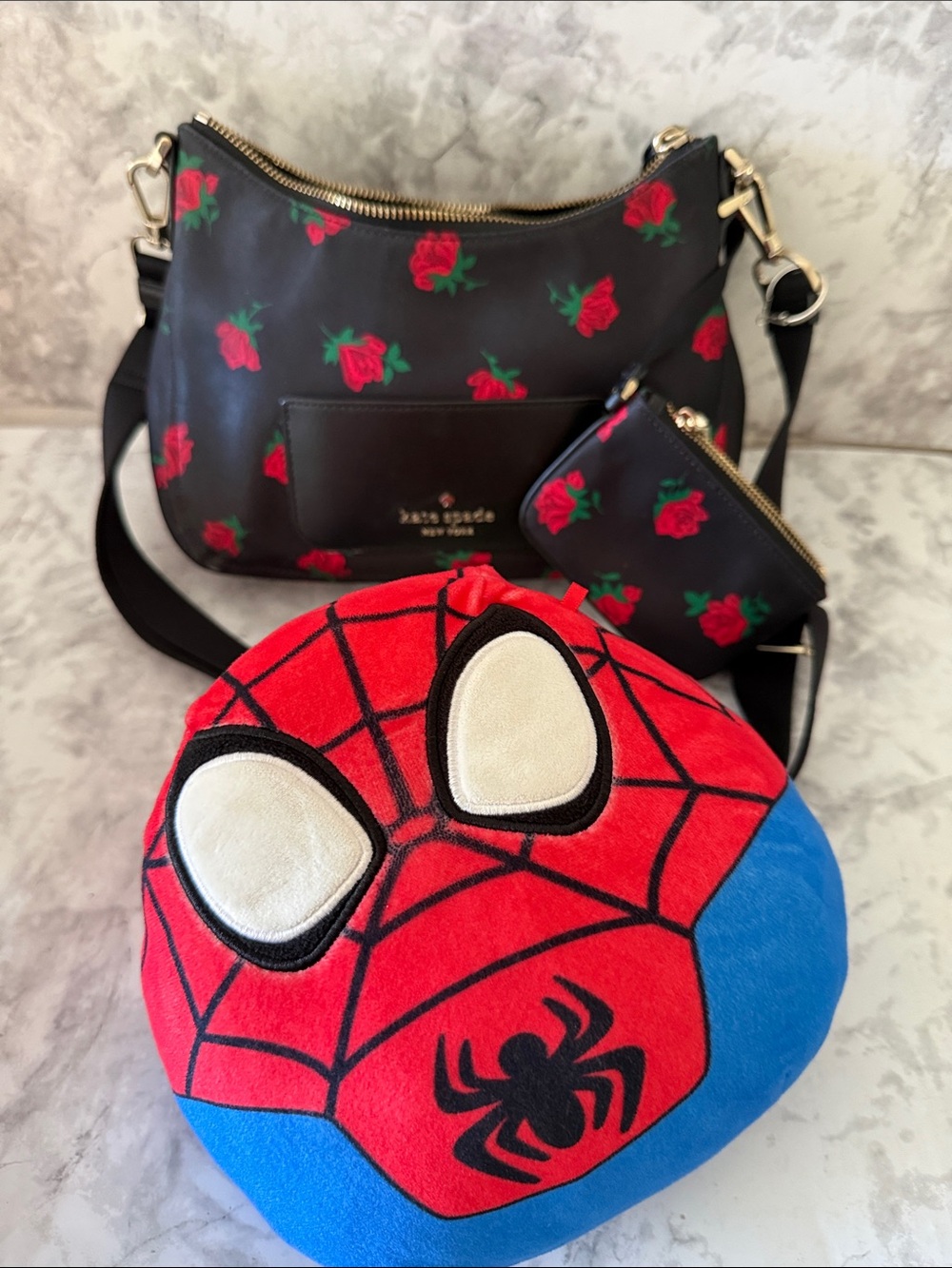 kate spade Black Rose Print Crossbody with Coin Pouch and plushy